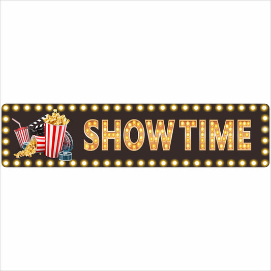 close up of showtime marquee style sign printed on vinyl and mounted on aluminum