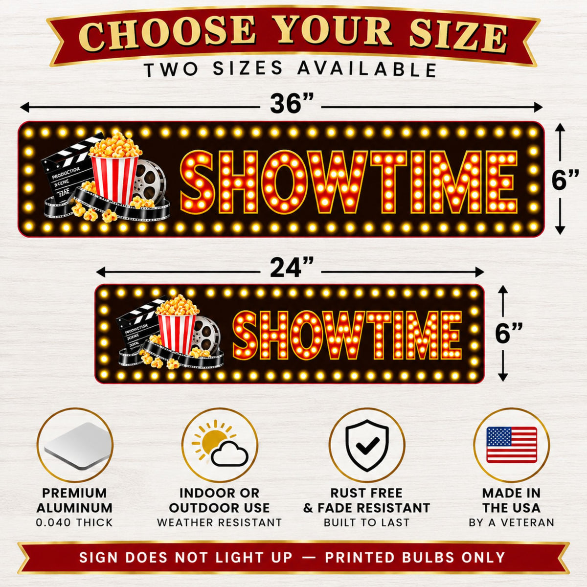 Size infographic showing SHOWTIME aluminum sign in 24x6 and 36x6 sizes with printed marquee bulbs.