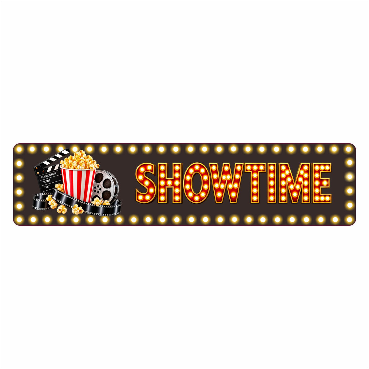 SHOWTIME movie theater aluminum sign with printed marquee bulbs, popcorn, clapperboard, film reel and filmstrip.