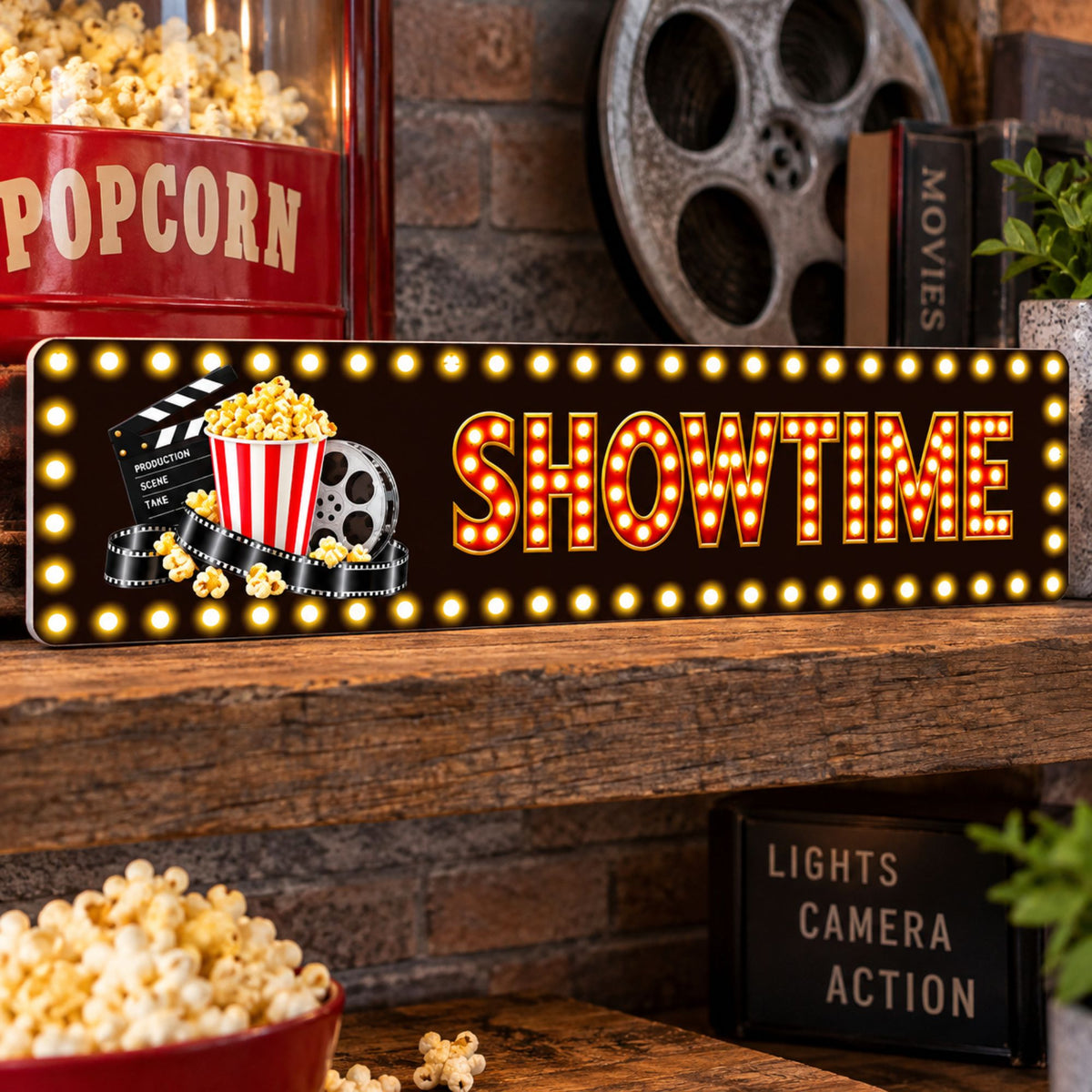 SHOWTIME cinema sign displayed on a rustic shelf with popcorn and vintage movie theater decor.