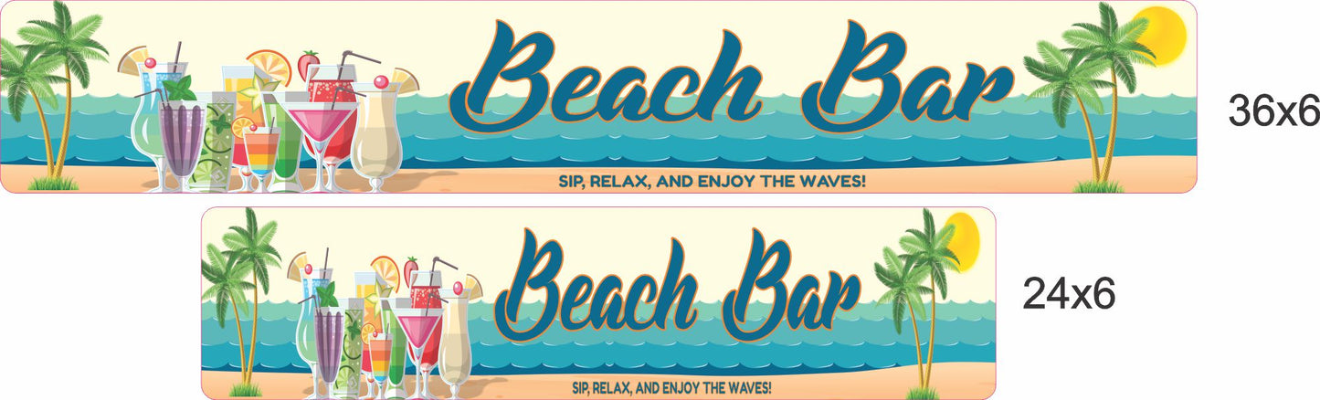 Personalized tropical bar aluminum street sign shown in 24x6 and 36x6 sizes