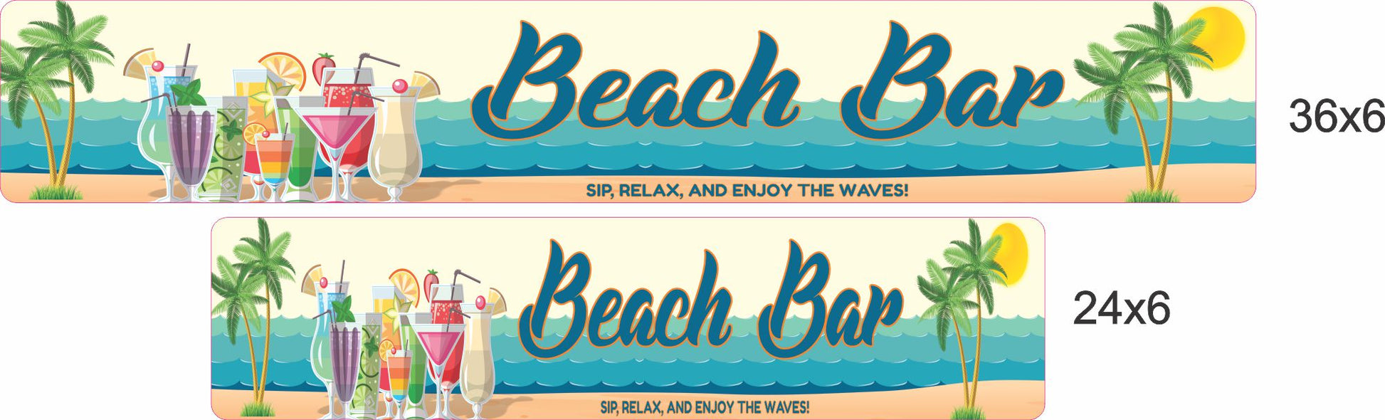 Personalized tropical bar aluminum street sign shown in 24x6 and 36x6 sizes