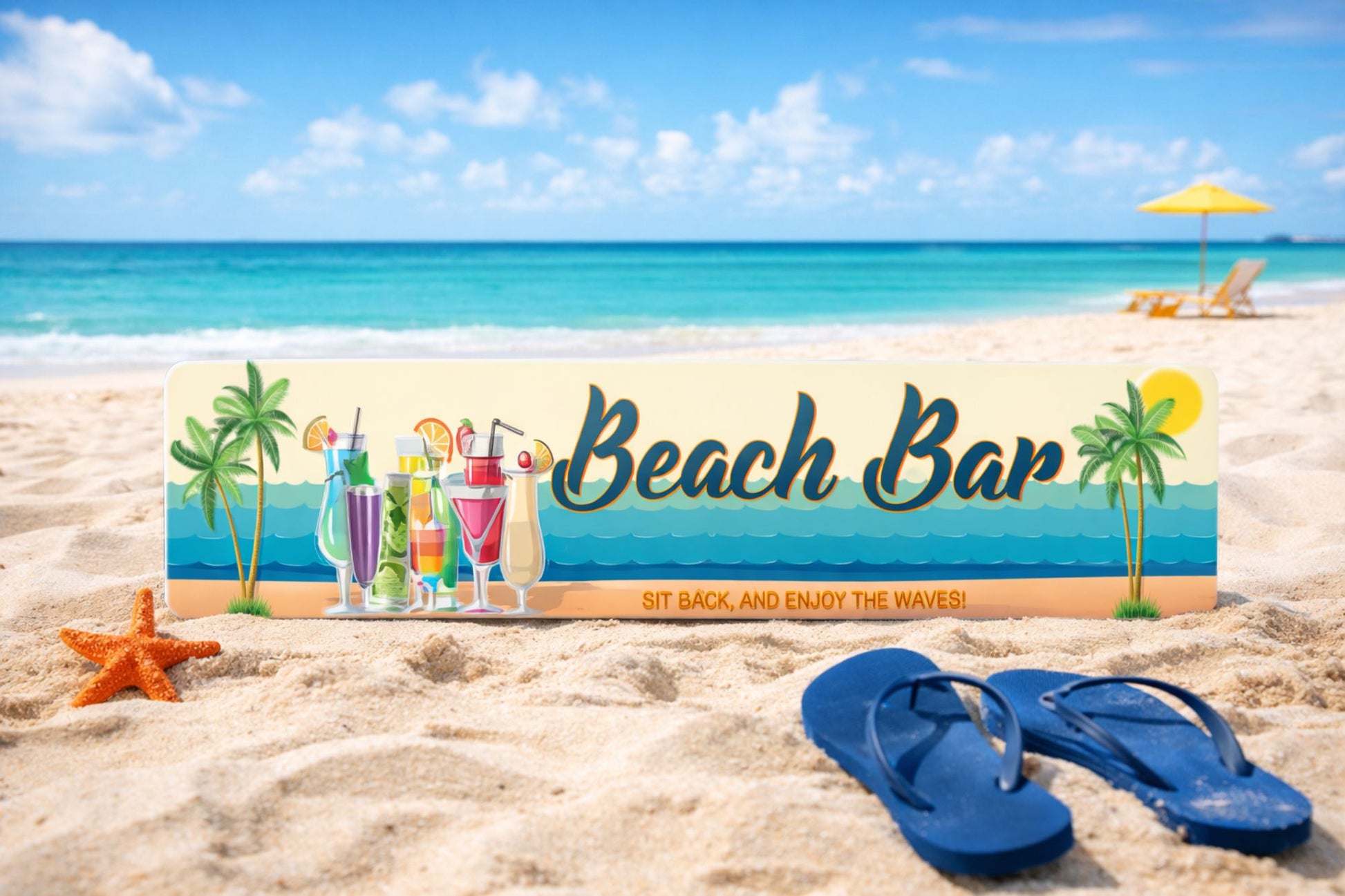Custom tropical bar aluminum sign displayed on patio bar wall with coastal decor