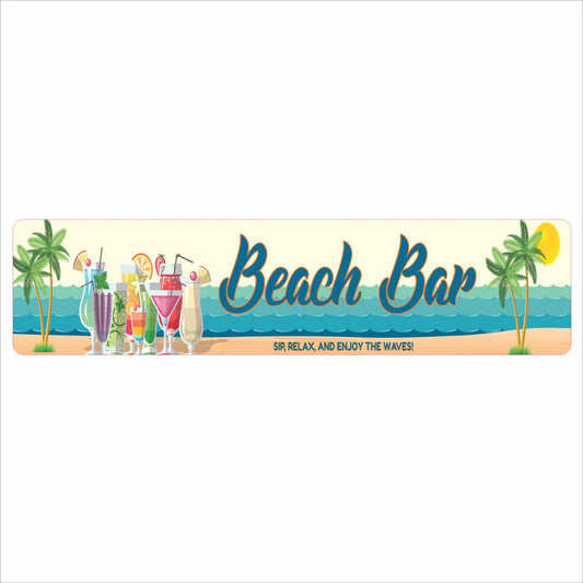 Personalized tropical bar aluminum street sign with cocktails palm trees and ocean waves