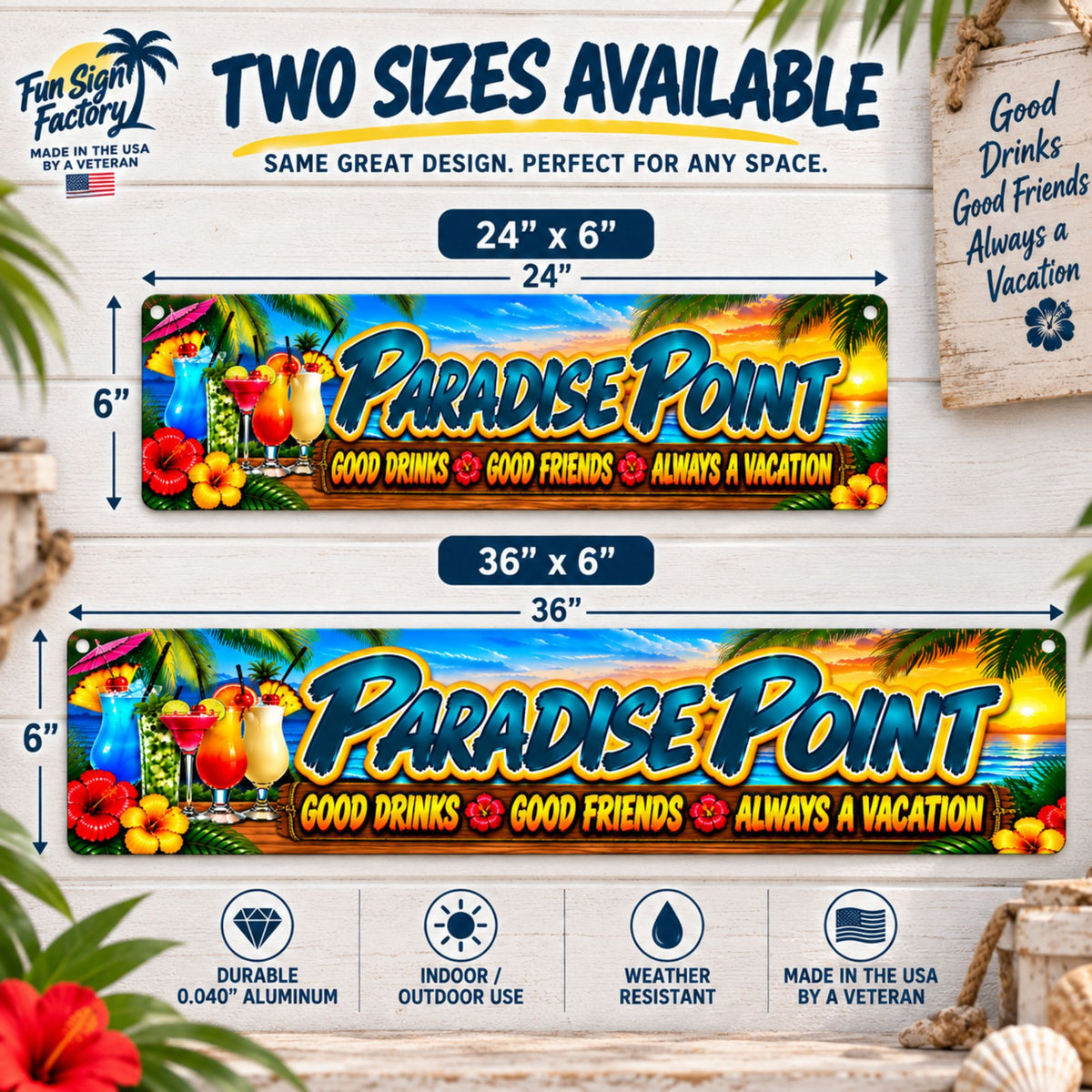 Personalized tropical aluminum bar sign size comparison showing 24 by 6 inch and 36 by 6 inch options.