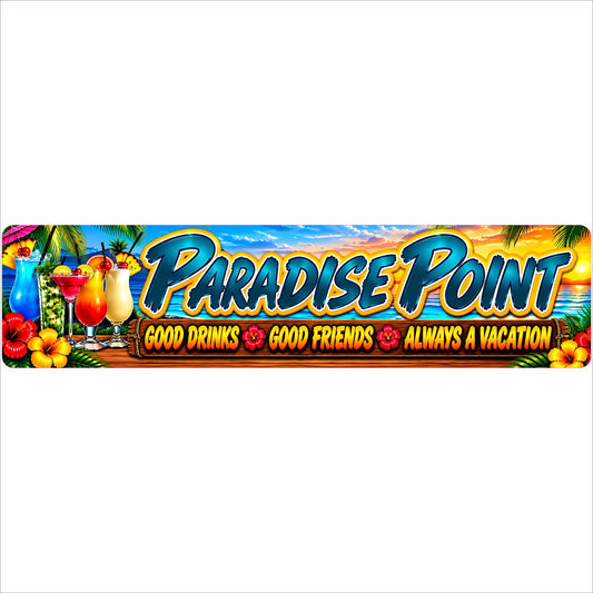 Personalized tropical pool bar aluminum sign with colorful cocktails, palm trees, hibiscus flowers and sunset beach artwork.
