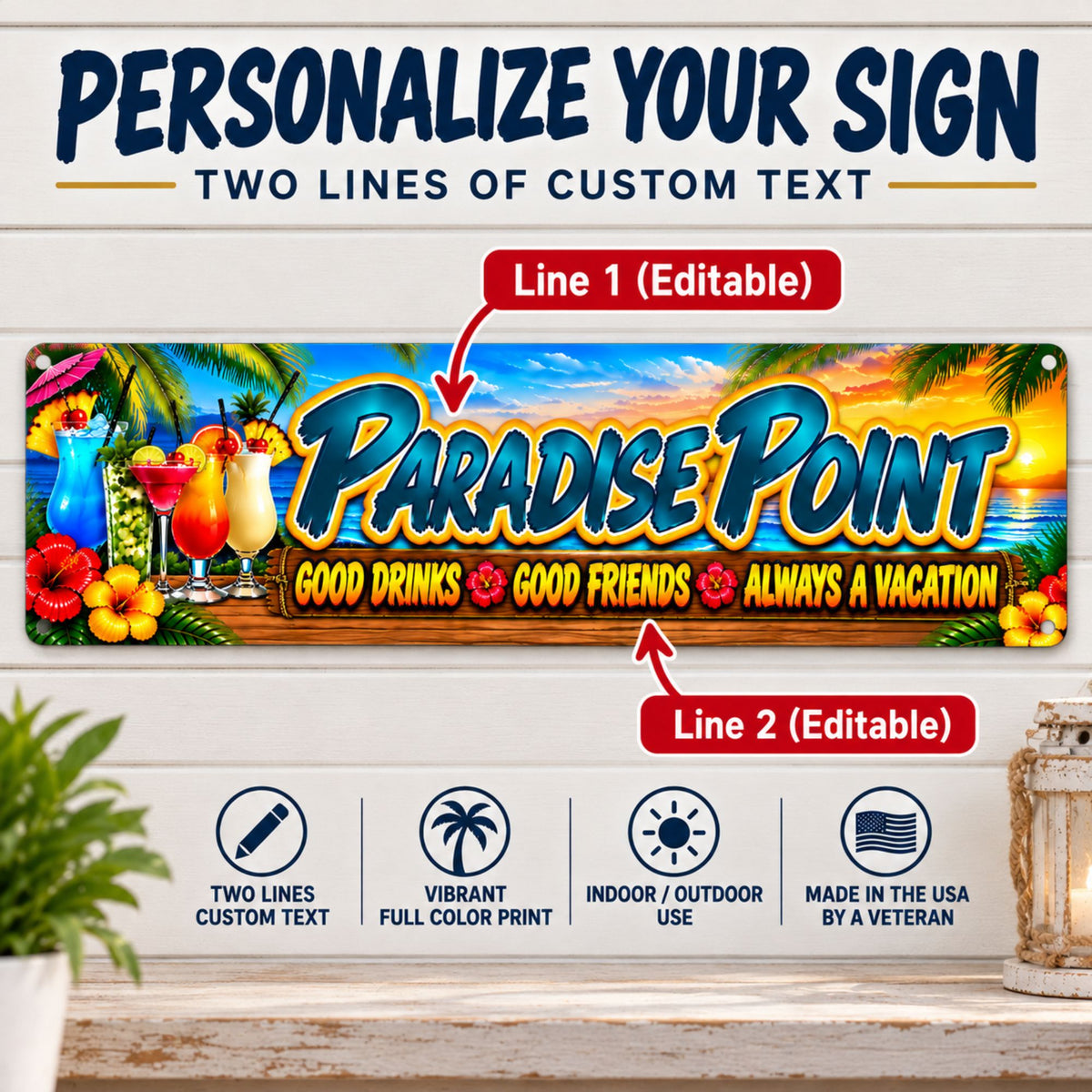 Tropical pool bar sign personalization guide showing two editable custom text lines with arrows identifying the headline and tagline.