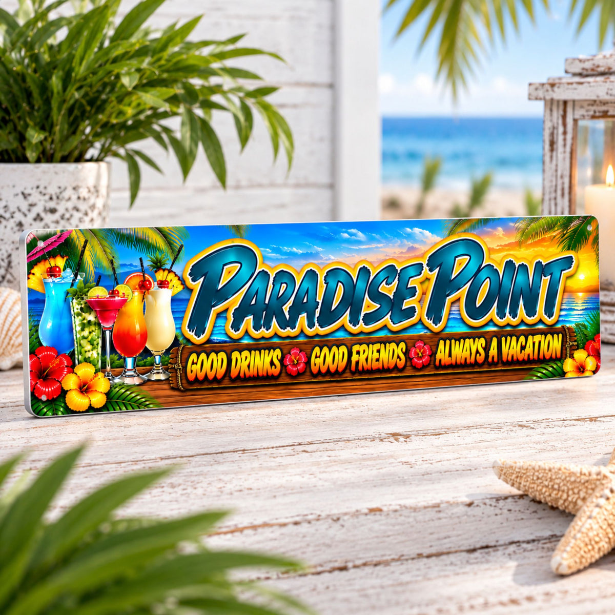 Custom tropical pool bar sign displayed on a bright whitewashed surface in a coastal setting with colorful Paradise Point example text.