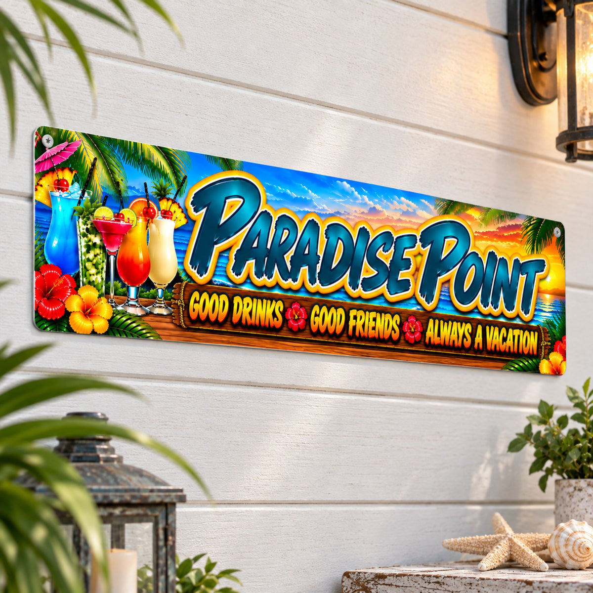 Personalized tropical aluminum bar sign mounted on a light wall with a thin aluminum profile and colorful beach and cocktail design.