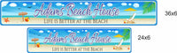 Personalized beach house aluminum signs displayed in 36x6 and 24x6 sizes, coastal design with starfish, beach chair and umbrella.