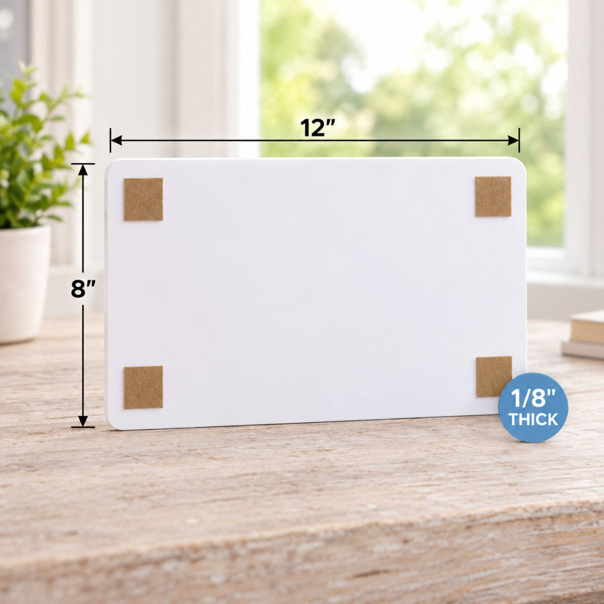 Back of 12×8 kids room sign showing lightweight 1/8-inch rigid PVC and 3M repositionable tape for easy hanging.