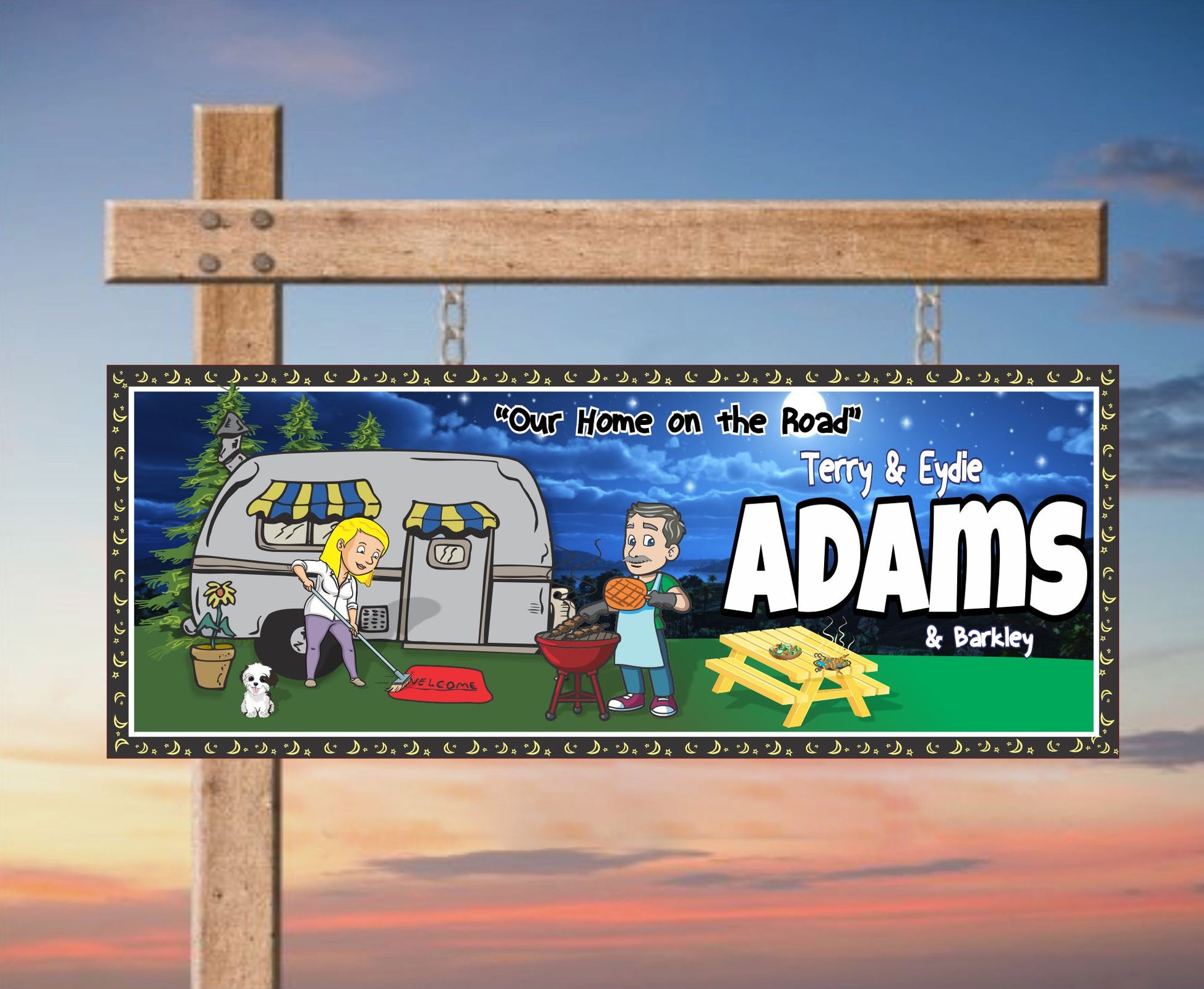 Custom RV campsite sign displayed on a wooden post at sunset in an outdoor setting