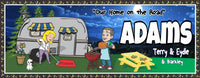 Image of a personalized RV camper sign featuring a cartoon couple, moon, stars, and custom name.
