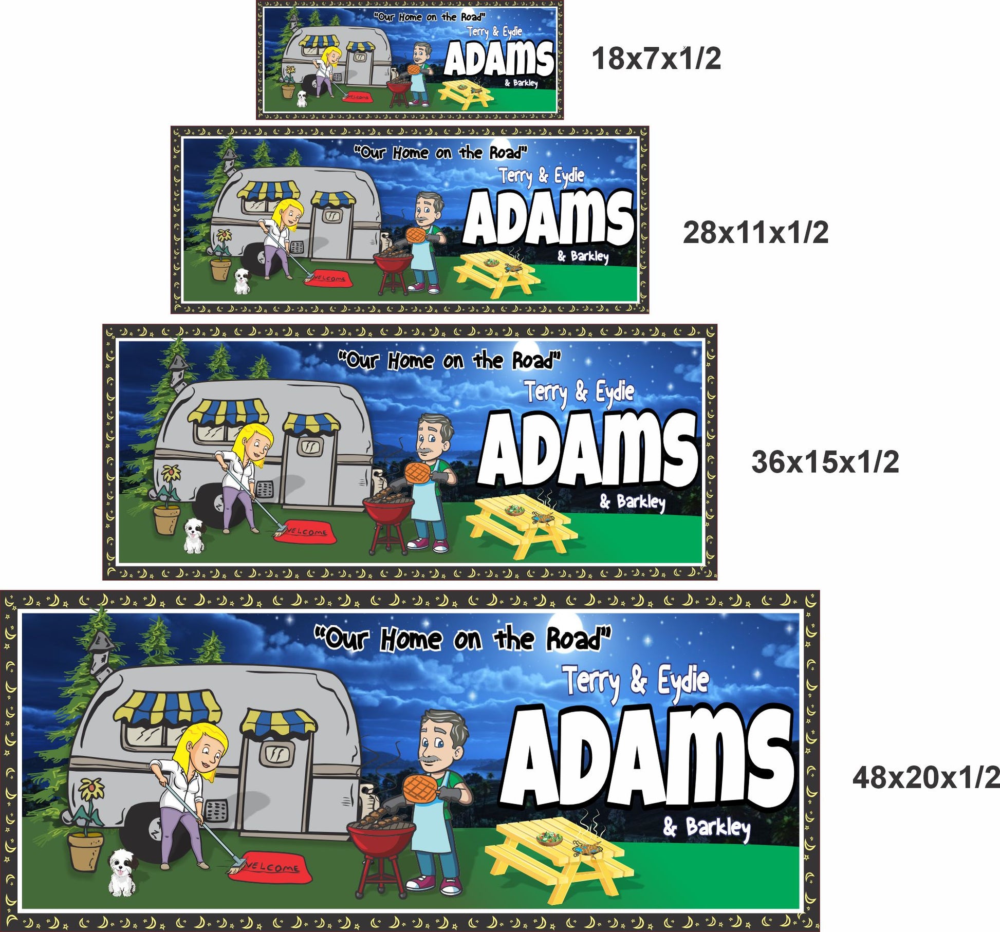 Personalized RV campsite sign shown in four available sizes for scale comparison
