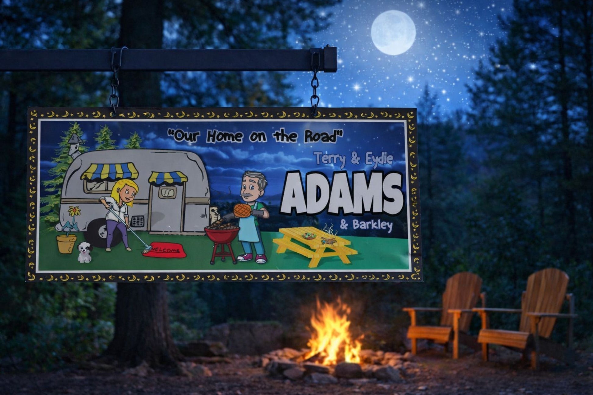 Custom RV campsite sign displayed on a wooden post at a nighttime campsite with glowing campfire and moonlit forest