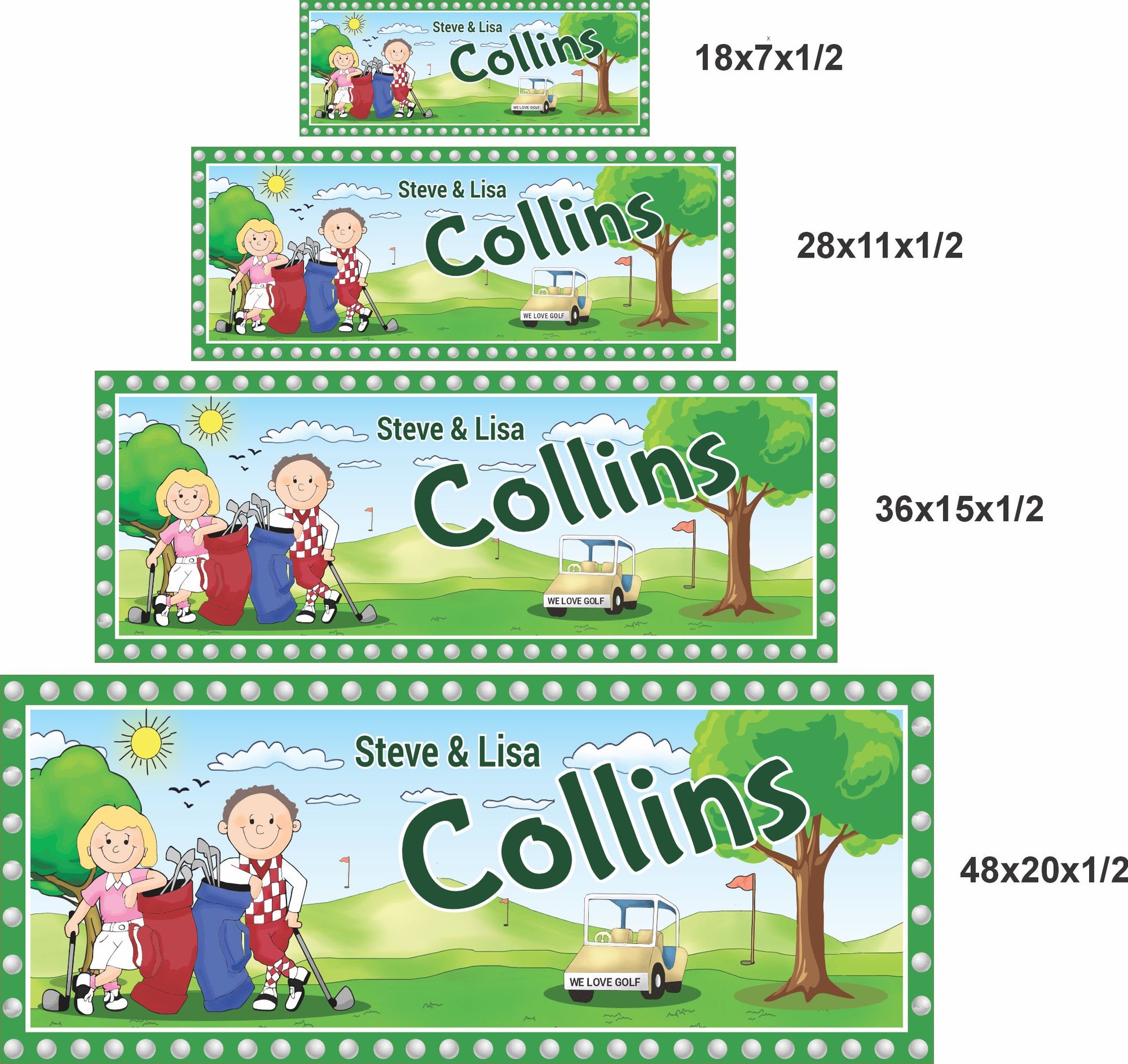 Golf family sign shown in 18x7, 28x11, 36x15, and 48x20 inch size options