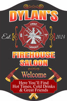 Customizable Firehouse Saloon Sign featuring a prominent Fire Rescue Emblem and crossed fire axes. Each line of text is editable to personalize with names or messages, perfect for home or fire station decor.