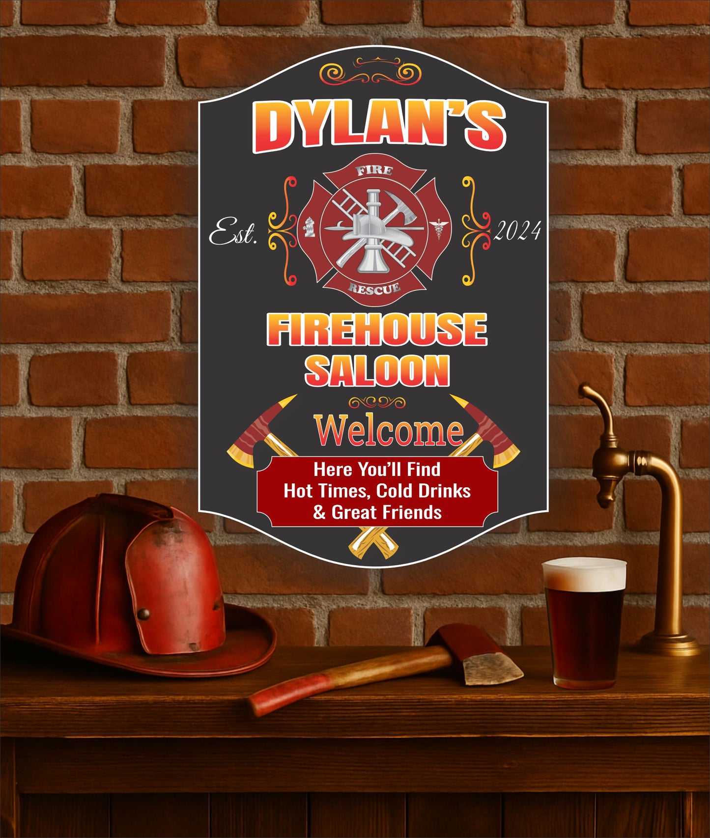 Custom firehouse saloon sign displayed on brick wall with firefighter gear