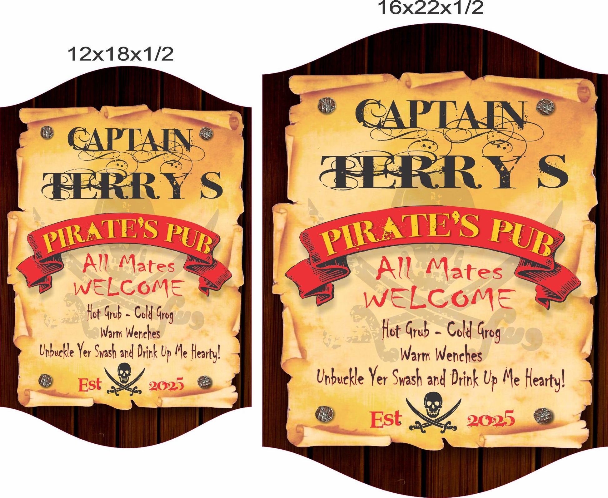 Pirate pub sign shown in 12x18 and 16x22 inch size options