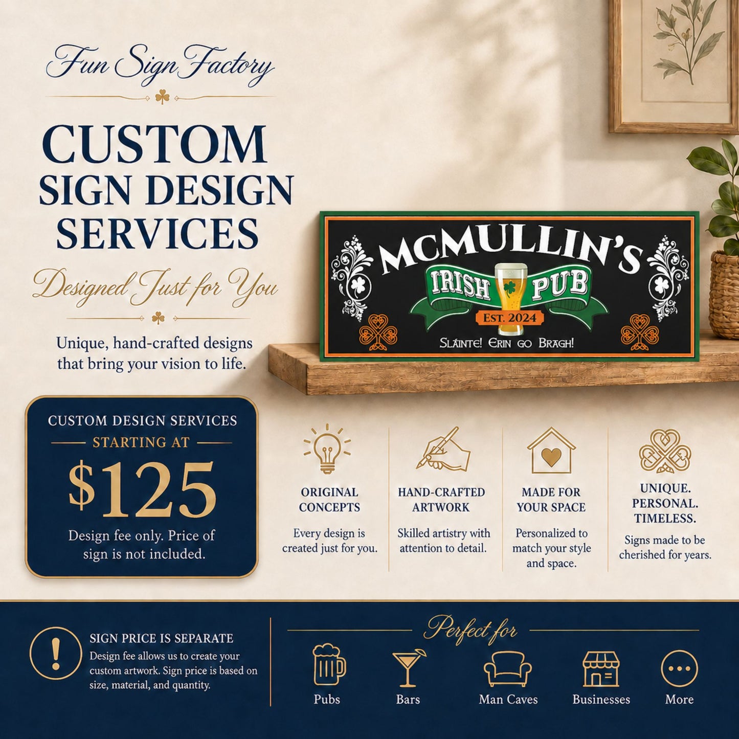 Horizontal custom sign design services infographic showing personalized Irish pub sign example