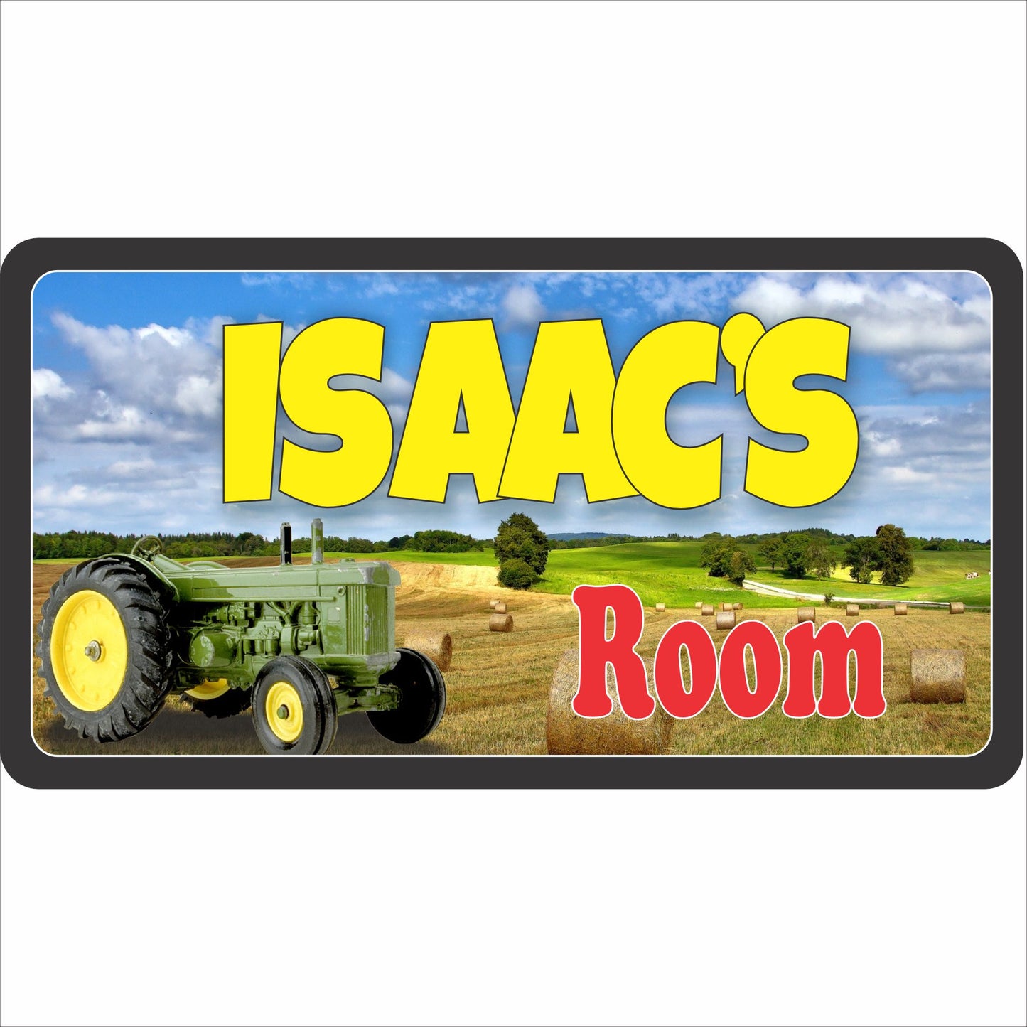 Personalized tractor kids room door sign with farm landscape and bold name text