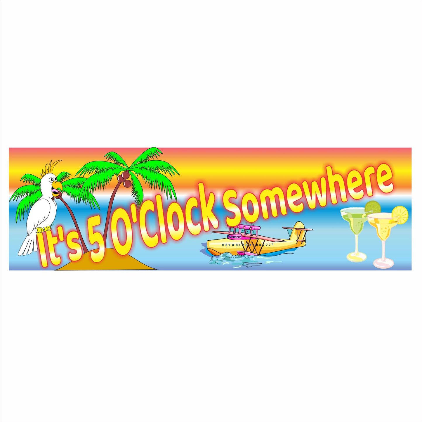 Tropical It’s 5 O’Clock Somewhere bar sign with palm trees cocktails and island artwork