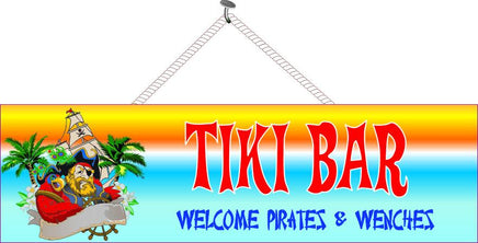 Sunset Tiki Bar Sign with Pirate, Palm Trees & Parrot