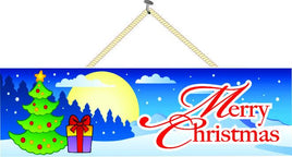 Snowy Night Merry Christmas Sign with Tree & Present