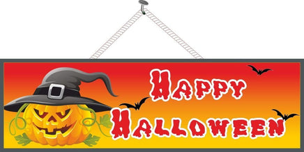 Pumpkin Happy Halloween Sign with Bats & Witch Hat