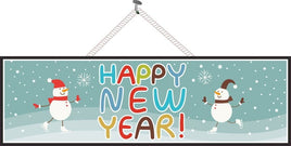 Happy New Year Sign with Snowflakes & Snowmen