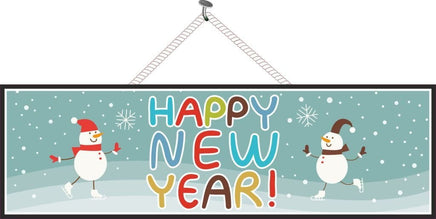 Happy New Year Sign with Snowflakes & Snowmen