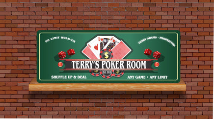 Personalized No Limit Hold-Em Poker Game Sign: Cards, Dice & Chips