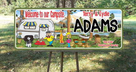 Happy Couple Camp Sign with Barbecue, Stream & RV