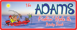 Custom Fishin' Hole Dock Sign: Personalized Nautical Decor - Green Fish & Red Motor Boat Scene