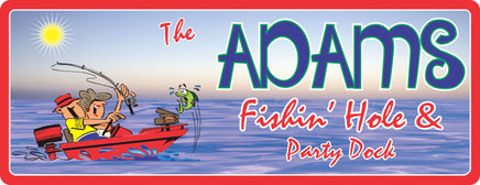 Funny Personalized Dock Sign with Cartoon Couple in Motorboat