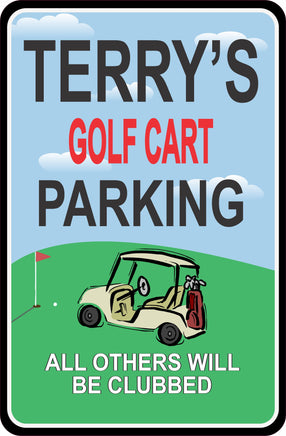 Custom Golf Cart Parking Sign with Vibrant Green Background and Personalized Text for Golf Enthusiasts