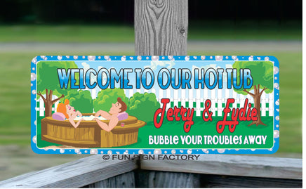 Custom Welcome Sign for Hot Tub with Relaxing Couple