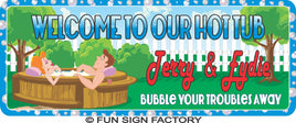 Custom Hot Tub Welcome Sign with Lounging Couple Outdoor Spa Decor