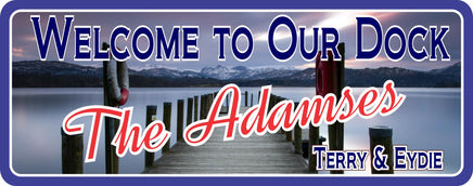 Tranquil Lake Personalized Welcome Sign with Dock & Mountains