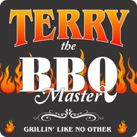 Custom BBQ Master sign featuring orange tribal flames, available in rectangular or square shapes, with fully editable text for personalization.
