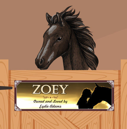 Personalized horse stall sign with an elegant silhouette of a girl kissing her horse, customizable text options.