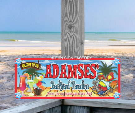 Personalized Tiki Bar Backyard Sign with Parrot & Mixed Drinks