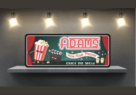 Movie Lovers Personalized Sign for Home Theater With Dancing Popcorn, Director’s Clapboard, Movie Tickets