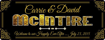 Romantic Personalized Sign with Names and Anniversary Date, Sparkling Gold And Black, Elegant Lettering