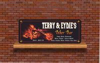 Biker Bar Welcome Sign with Motorcycle, Flames, Iron Cross and Skull