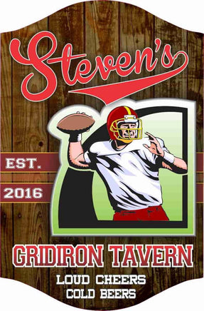 Customized football bar sign featuring wood grain background, personalized name, quote, and established date - Ideal for home bars and taverns