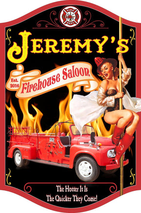 Firehouse Saloon Sign with Pinup Girl & Firetruck