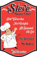 Custom Kitchen Sign with Happy Waving Cartoon Male Chef