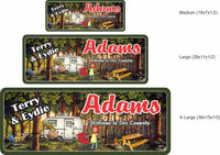 RV Campsite Personalized Sign with Man or Woman in Hammock & Woman or Man Grilling