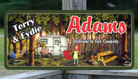 RV Campsite Personalized Sign with Man or Woman in Hammock & Woman or Man Grilling